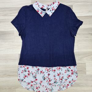 ELLE Womens Blue Rose Collar Trim Blouse Shirt Small